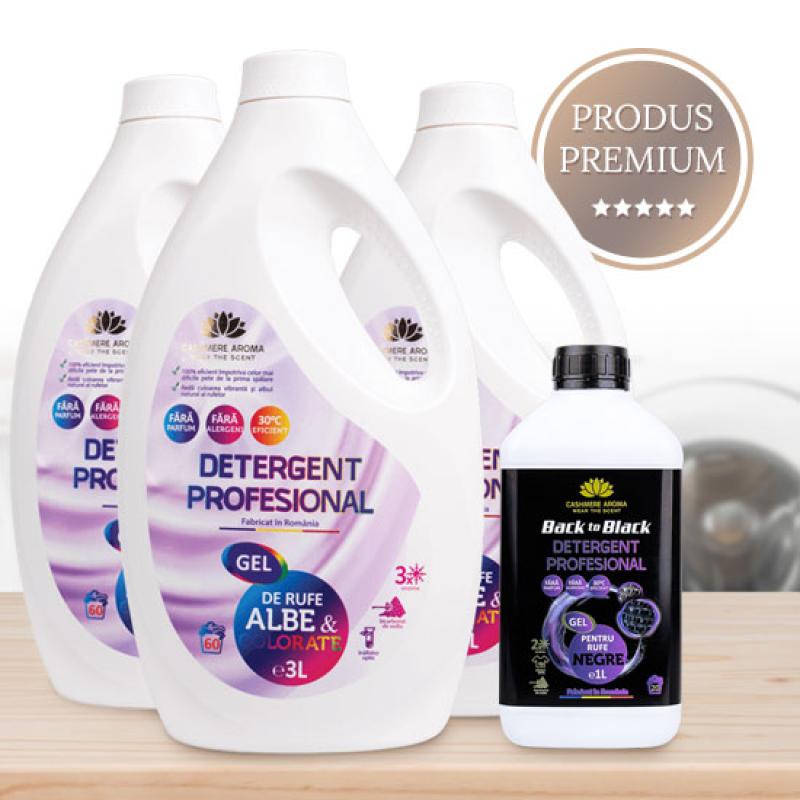 Pachet promo detergenți profesionali pentru rufe albe & colorate 3 x 3L + CADOU detergent rufe negre 1L