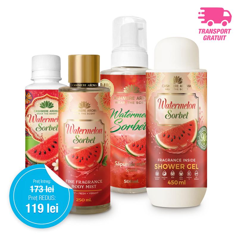 Pachet Promoțional WATERMELON SORBET (Gel de dus, Body mist, Sapun de maini & Parfum de rufe)