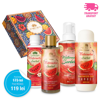 Pachet Promoțional WATERMELON SORBET (Gel de dus, Body mist, Sapun de maini & Parfum de rufe)