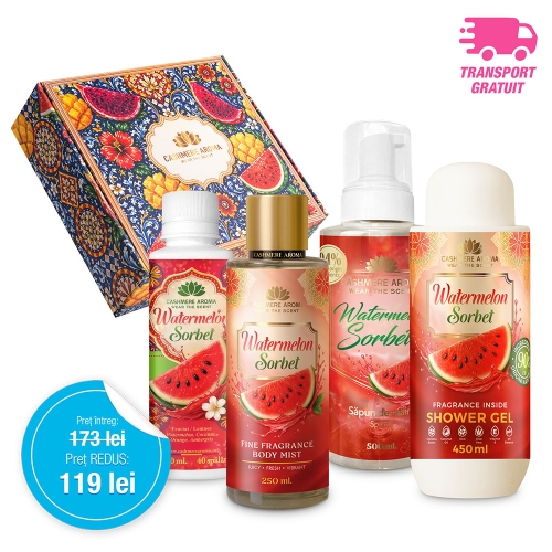 Pachet Promoțional WATERMELON SORBET (Gel de dus, Body mist, Sapun de maini & Parfum de rufe)