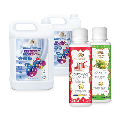NEW! Pachet promotional : 2 x Detergent rufe albe-colorate Aqua Neroli, 5L + 1 x Parfum de rufe Strawberry Milkshake, 200 ml + 1 x Parfum de rufe Aroma Tei, 200 ml