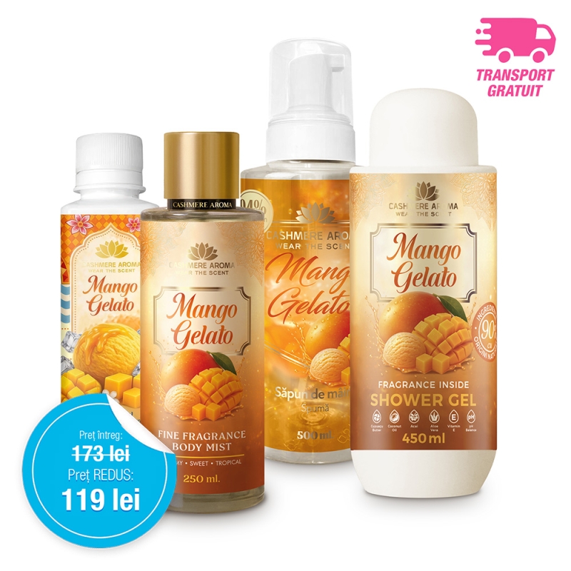 Pachet Promoțional MANGO GELATO (Gel de dus, Body mist, Sapun de maini & Parfum de rufe)