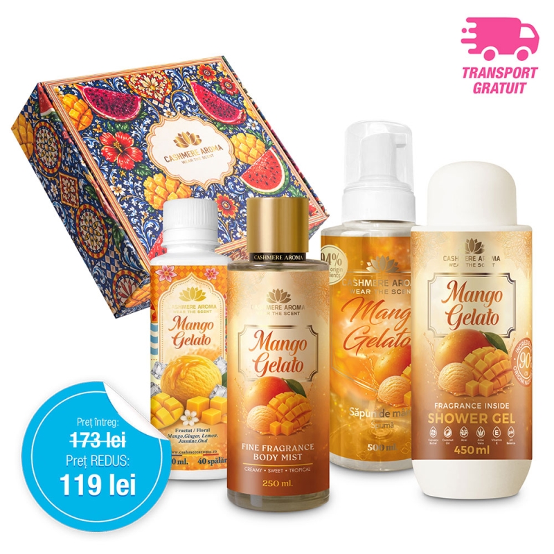 Pachet Promoțional MANGO GELATO (Gel de dus, Body mist, Sapun de maini & Parfum de rufe)