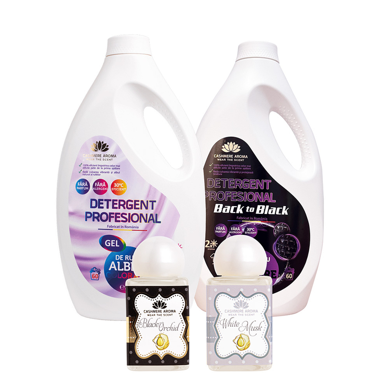 Pachet Yin&Yang -  Detergent rufe albe/colorate(fara parfum) 3L + Detergent rufe negre(fara parfum) 3L + Tester White Musk & Tester Black Orchid