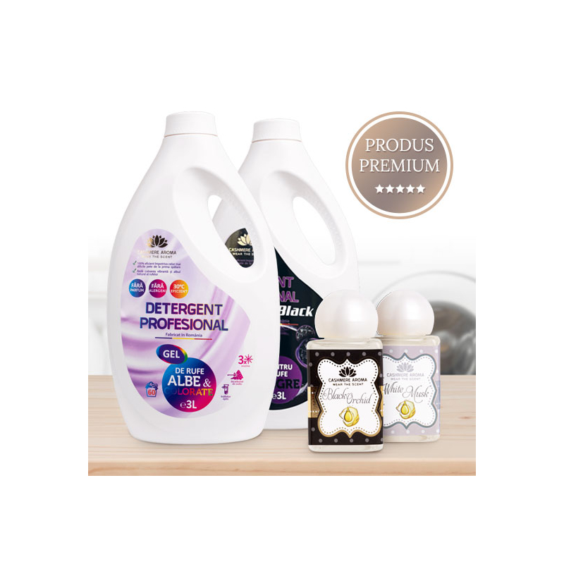 Pachet Yin&Yang -  Detergent rufe albe/colorate(fara parfum) 3L + Detergent rufe negre(fara parfum) 3L + Tester White Musk & Tester Black Orchid