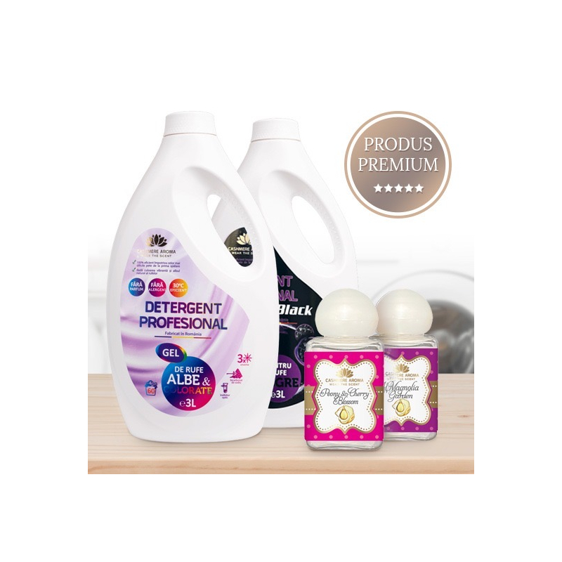 Pachet “Spring Clean”, Detergent rufe albe/colorate(fara parfum) 3L + Detergent rufe negre(fara parfum) 3L+  Testere Magnolia Garden & Peony Cherry blossom